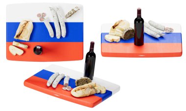 Rus bayrağını andıran arka planda gururla sunulan bir şişe kırmızı şarapla Rusya 'dan esinlenilmiş ekmek, peynir ve sosis.