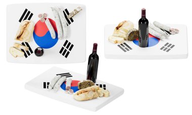 Taegeukgi temalı arka planda bir şişe kırmızı şarapla tamamlanmış ekmek, peynir ve sosisin bu sanatsal yayılışıyla Güney Kore 'nin tadını çıkarın.