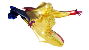 Romanya ulusal bayrağının parlak mavi, sarı ve kırmızı rengine sarılı dinamik bir soyut varlık, koyu bir arkaplana karşı