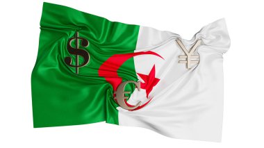 Cezayir bayrağı, Cezayir 'in finansal hedeflerinin altını çizen küresel para birimi sembolleriyle kusursuz bir şekilde harmanlanmış durumda.