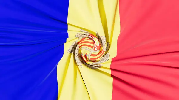 Bandera Andorrana Colores Brillantes Con Distintivo Escudo Armas Elegantemente Ondulado —  Fotos de Stock