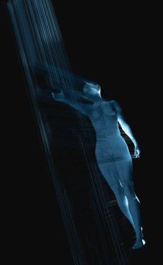 Dijital ışık çizgilerinde yürüyen bir insansı insan figürü görülüyor.