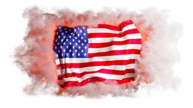 Duman ve alevlerle çevrili Amerikan bayrağının dramatik bir temsili, karanlık bir zemin karşısında tutku ve direnci simgeliyor..