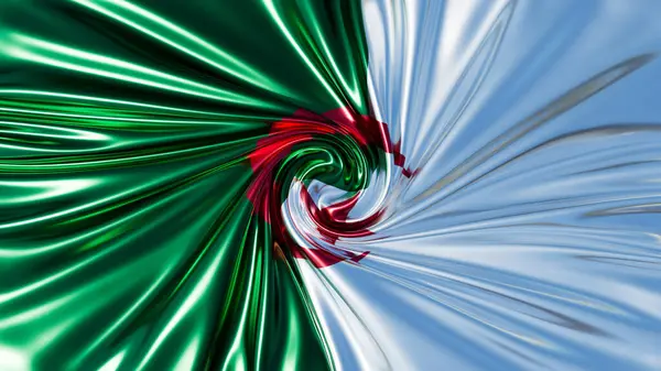 stock image The Algerian flag green and white with a red crescent and star dynamically swirled