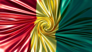 Gine bayrağı, kırmızı, altın ve yeşil şeritleriyle sanatsal bir şekilde kıvrılarak lüks ipek benzeri bir doku yaratıyor.