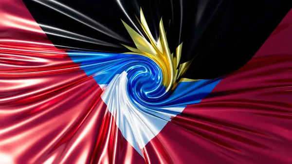 stock image The flag of Antigua and Barbuda in a captivating swirl, showcasing its sun emblem and bold colors