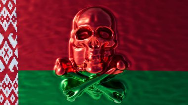 Beyaz Rusya ulusal bayrağının zengin zeminine karşı parlak kırmızı bir kafatası gösteren canlı bir görüntü.
