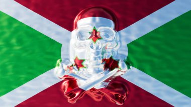 Çarpıcı dijital sanat, parlak bir kafatasını Burundi bayrağıyla birleştirmek, ulusun esnekliği ve tarihsel derinliği üzerine görsel bir hikaye.