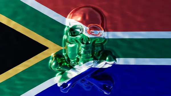 stock image An emerald-tinted skull harmoniously merges with the iconic Y-shaped layout on the diverse colors of South Africa flag