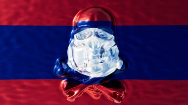 Laos bayrağına yerleştirilmiş şeffaf kafatası, benzersiz bir sanatsal kimlik ifadesi yakalıyor