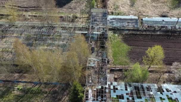 Abandoned Industrial Greenhouse Ruins Spring Aerial View — Video