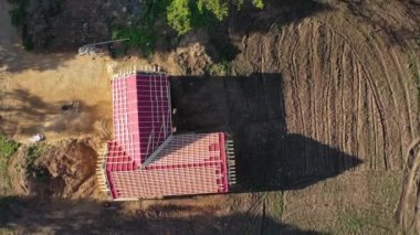 New house roofing work place, aerial view