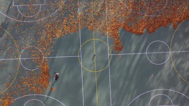 Очистка Осенних Листьев Помощью Воздуходувки Баскетбольной Площадки Вид Сверху — стоковое видео