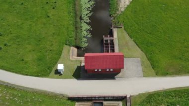 Canals, polders and water pumping station  in Nemunas delta, aerial view