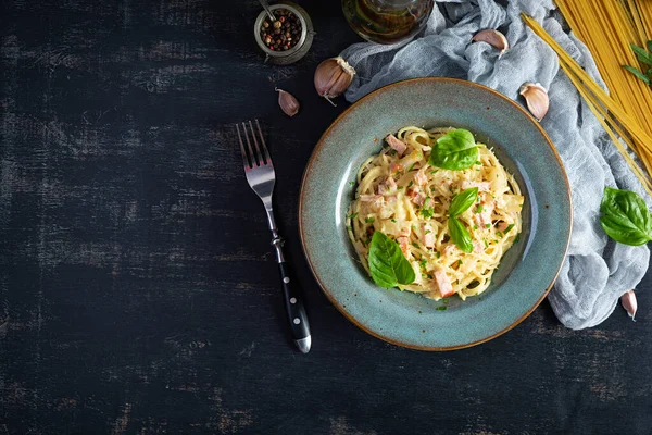 stock image Pasta carbonara. Spaghetti with cheese, bacon, egg and cream sauce. Traditional italian cuisine