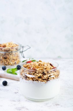 Yoğurtlu granola ve taze böğürtlen. Yulaf ezmesinin sağlıklı kahvaltısı.