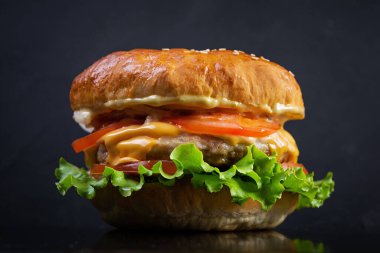 Lezzetli ev yapımı hamburger ve tavuk eti. Koyu arkaplanda çizburger