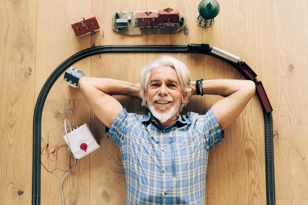 Indoor Portrait Senior Man Playing Model Steam Train His Living Stock Photo