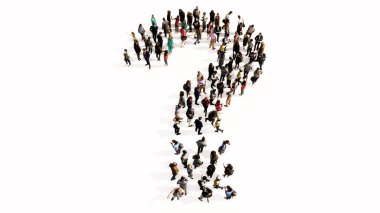 Soru işaretini oluşturan kavramsal geniş topluluk. 3 boyutlu iletişim, sorgulama, tavsiye, yaratıcı düşünme, çözüm, destek metaforu