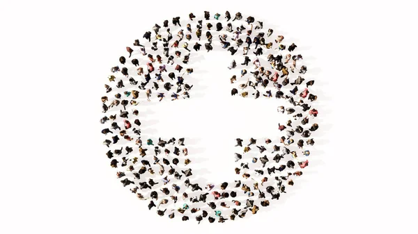 Концепция Концептуальное Большое Собрание Людей Образующих Крест Знак Белом Фоне — стоковое фото