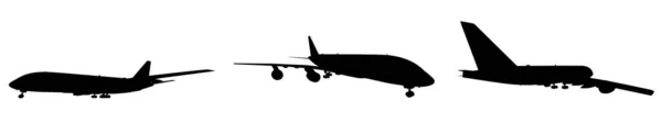Conjunto Conceptual Tres Aviones Voladores Pasajeros Negros Aviones Comerciales Aislados —  Fotos de Stock