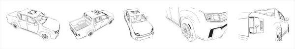 Bir Road Arabanın Vektör Kavramsal Seti Farklı Perspektiflerden Eskizler Çizer — Stok Vektör
