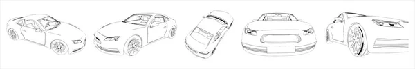 Koncepcja Lub Konceptualny Zestaw Szkiców Miejskich Samochodów Sportowych Różnych Perspektyw — Zdjęcie stockowe