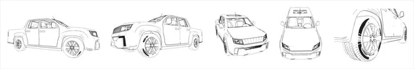 Bir Road Arabanın Vektör Kavramsal Seti Farklı Perspektiflerden Eskizler Çizer — Stok Vektör
