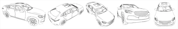 Conjunto Conceptual Vectorial Colección Bocetos Automóvil Urbano Desde Diferentes Perspectivas — Vector de stock