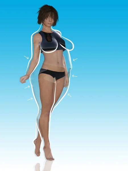 Konzeptfett Übergewichtig Fettleibig Weiblich Schlank Fit Gesunden Körper Nach Gewichtsverlust — Stockfoto