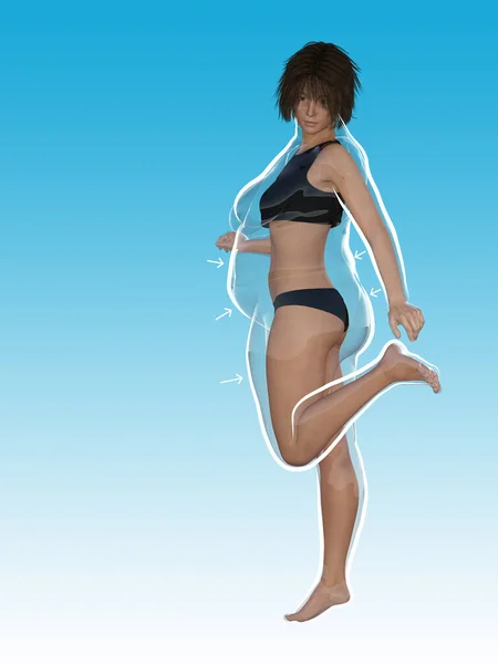 概念肥胖超重的女性对苗条适合健康的身体后 减肥或饮食与白色轮廓和指向蓝色箭头 营养或肥胖 健康形体3D图解 — 图库照片