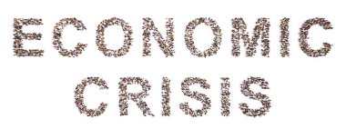 ECONOMIC Krizi 'ni oluşturan kavramsal ya da kavramsal geniş bir topluluk. Düşen ekonomik faaliyet, iflas, yüksek işsizlik, enflasyon, yükselen borç ve yoksulluk için 3d illüstrasyon metaforu 