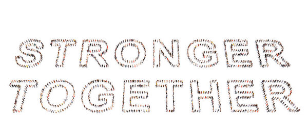 Концепция концептуального большого сообщества людей, образующих STRONGER TOGETHER! Говорил. 3d иллюстративная метафора успеха, достижения, сотрудничества, видения, солидарности, единства, альтруизма, надежды, вдохновляющей