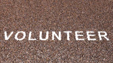 VOLUNTEER sözcüklerini oluşturan kavramsal geniş topluluk. Verme, yardım, özverili, hayırseverlik, hayırseverlik, kar amacı gütmeyen, iyilik, fedakarlık ve toplum için 3D illüstrasyon metaforu 