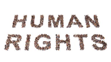 Concept  or conceptual large community of people forming HUMAN RIGHTS message. 3d illustration metaphor for equality, freedom, democracy, justice, education, peace, voting, life, tolerance, diversityv