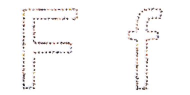 F yazı tipini oluşturan kavramsal ya da kavramsal büyük topluluk. Birlik ve çeşitlilik için üç boyutlu illüstrasyon metaforu, insani yardım, takım çalışması, işbirliği, eğitim, arkadaşlık ve topluluk.