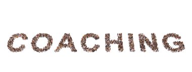 Concept conceptual large community of people forming the word COACHING. 3d illustration metaphor for training, sport, business, motivation, creativity, communication, strategy, leadership and success
