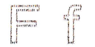 F yazı tipini oluşturan kavramsal ya da kavramsal büyük topluluk. Birlik ve çeşitlilik için üç boyutlu illüstrasyon metaforu, insani yardım, takım çalışması, işbirliği, eğitim, arkadaşlık ve topluluk.