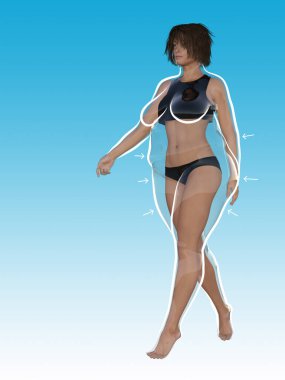 Kavramsal şişman şişman şişman kadın zayıfa karşı zayıflık kilo verdikten sonra sağlıklı vücuda uyar veya beyaz hatlı diyet ve mavinin üzerine işaret eden oklar. Bir fitness, beslenme veya obezite, sağlık şekli 3D illüstrasyon