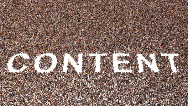Concept or conceptual large community of people forming the word CONTENT.  3d illustration metaphor for online information, marketing and business, creativity, entertainment, connection and success