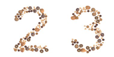 Concept or conceptual set of pastry delicious products forming the fonts 2 and 3. 3d illustration metaphor for education, school, agriculture, traditional and rustic, organic, healthy and natural.