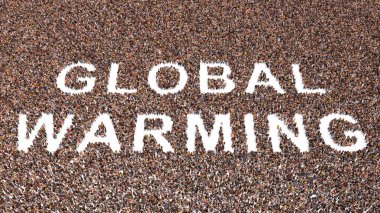 GLOBAL UYARI mesajını oluşturan insanların kavramsal ya da kavramsal büyük topluluğu. İklim değişikliği, zehirli emisyon, sis, kirlilik, kuraklık, ekoloji ve korunma için 3d illüstrasyon metaforu