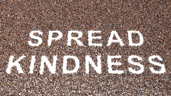 形成Spread Kindness口号的概念或概念庞大的群体 3D说明善良与爱 慈善与分享 积极的思想 激励与激励的隐喻 — 图库照片