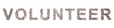 VOLUNTEER sözcüklerini oluşturan kavramsal geniş topluluk. Verme, yardım, özverili, hayırseverlik, hayırseverlik, kar amacı gütmeyen, iyilik, fedakarlık ve toplum için 3D illüstrasyon metaforu 
