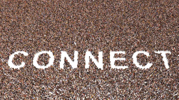 Concept conceptual large community of people forming the word CONNECT. 3d illustration metaphor for communication, technology, social media, network, global, future, business and marketing