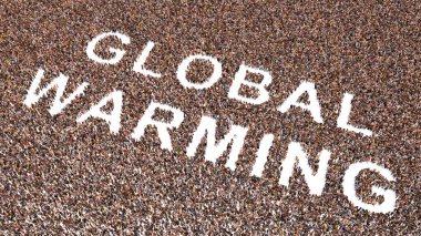 GLOBAL UYARI mesajını oluşturan insanların kavramsal ya da kavramsal büyük topluluğu. İklim değişikliği, zehirli emisyon, sis, kirlilik, kuraklık, ekoloji ve korunma için 3d illüstrasyon metaforu