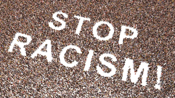 Stop Racismを形成する人々の概念大規模なコミュニティ スローガンだ 社会正義 差別の終わり 平等な権利と機会のための3Dイラスト比喩 — ストック写真