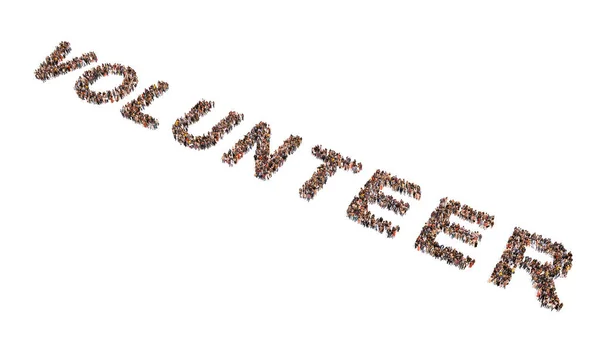Conceito Conceitual Grande Comunidade Pessoas Formando Palavra Volunteer Ilustração Metáfora — Fotografia de Stock