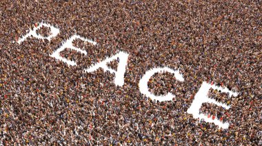 Barışçıl sözcüğü oluşturan kavramsal geniş bir topluluk. Umut, özgürlük, demokrasi, antlaşma, sevgi, mutluluk, birlik, din, beyaz güvercin ve zeytin dalı için 3D illüstrasyon metaforu