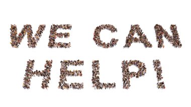 We CAND 'ı kuran kavramsal geniş insan topluluğu sloganı. Toplum ve dostluk, şefkat, nezaket ve cömertlik, sadaka, gönüllülük ve bağışta 3d metaforu